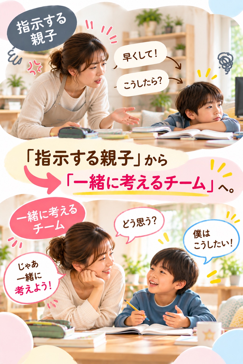 「宿題した?」「早くして!」「こうしたら?」と指示する関係から、「どう思う?」「私はこうしたい!」「じゃあ一緒に考えよう」と話し合うチームへ。